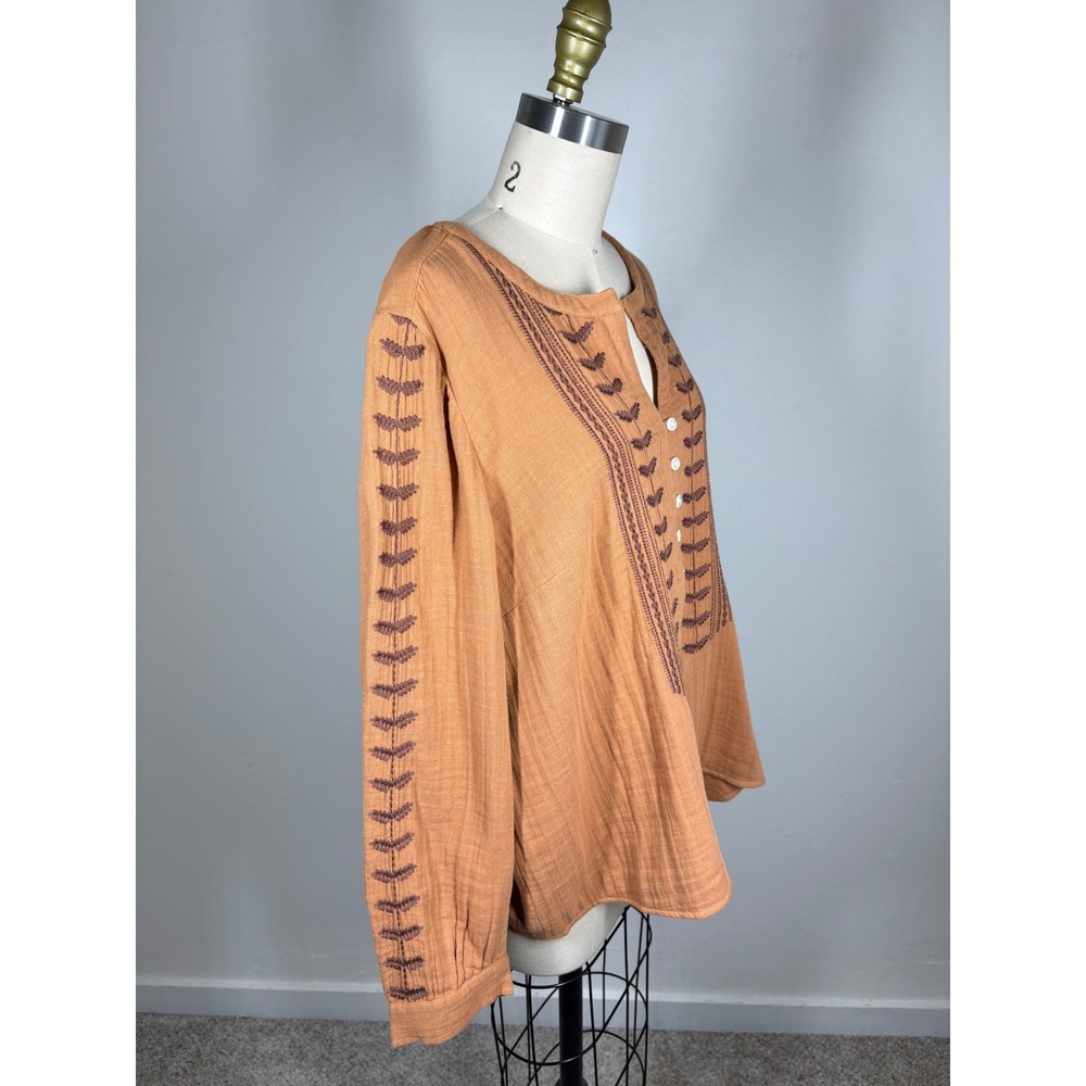 Pure Jill Womens Blouse LP Burnt Orange Embroidered Gauze Boho Peasant Top - Picture 6 of 14